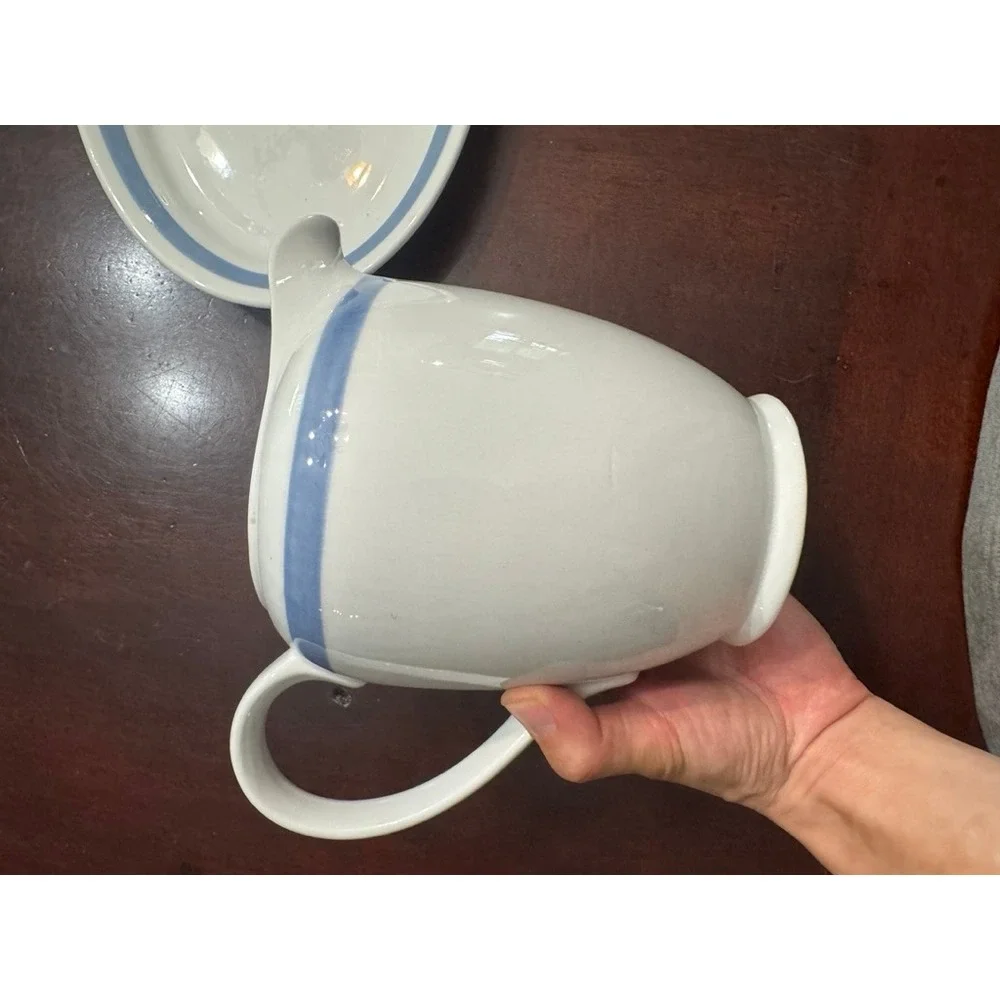 Arabia Finland Blue Band Stoneware Pitcher and Oval Underplate Set White MCM